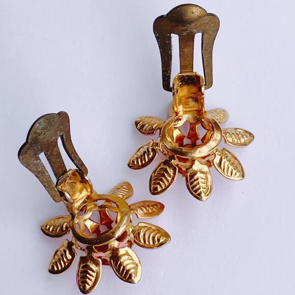 VTG Mid Century Signed Austria Pink Enamel Rhinestone Flower Clip On Earrings - Picture 7 of 13